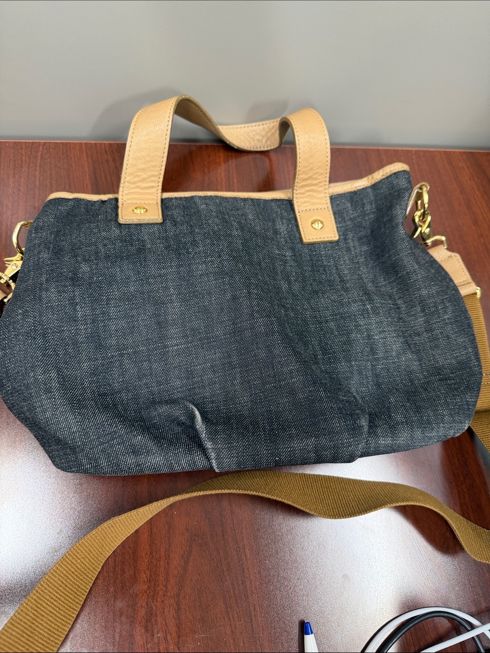 Burberry Denim Tote with Tan Leather Trim, Crossbody Strap and Gold Hardware - Picture 7 of 8